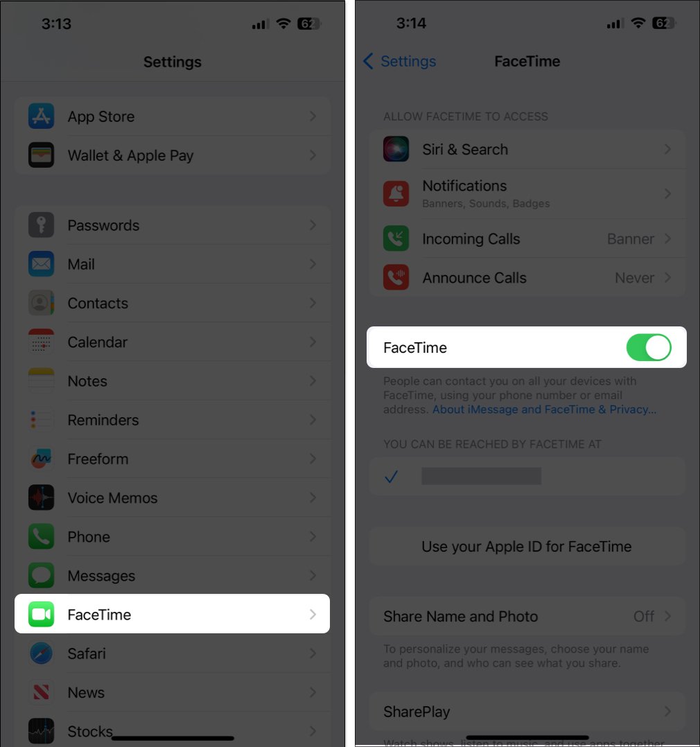 Abra Configuración Toque FaceTime y active FaceTime