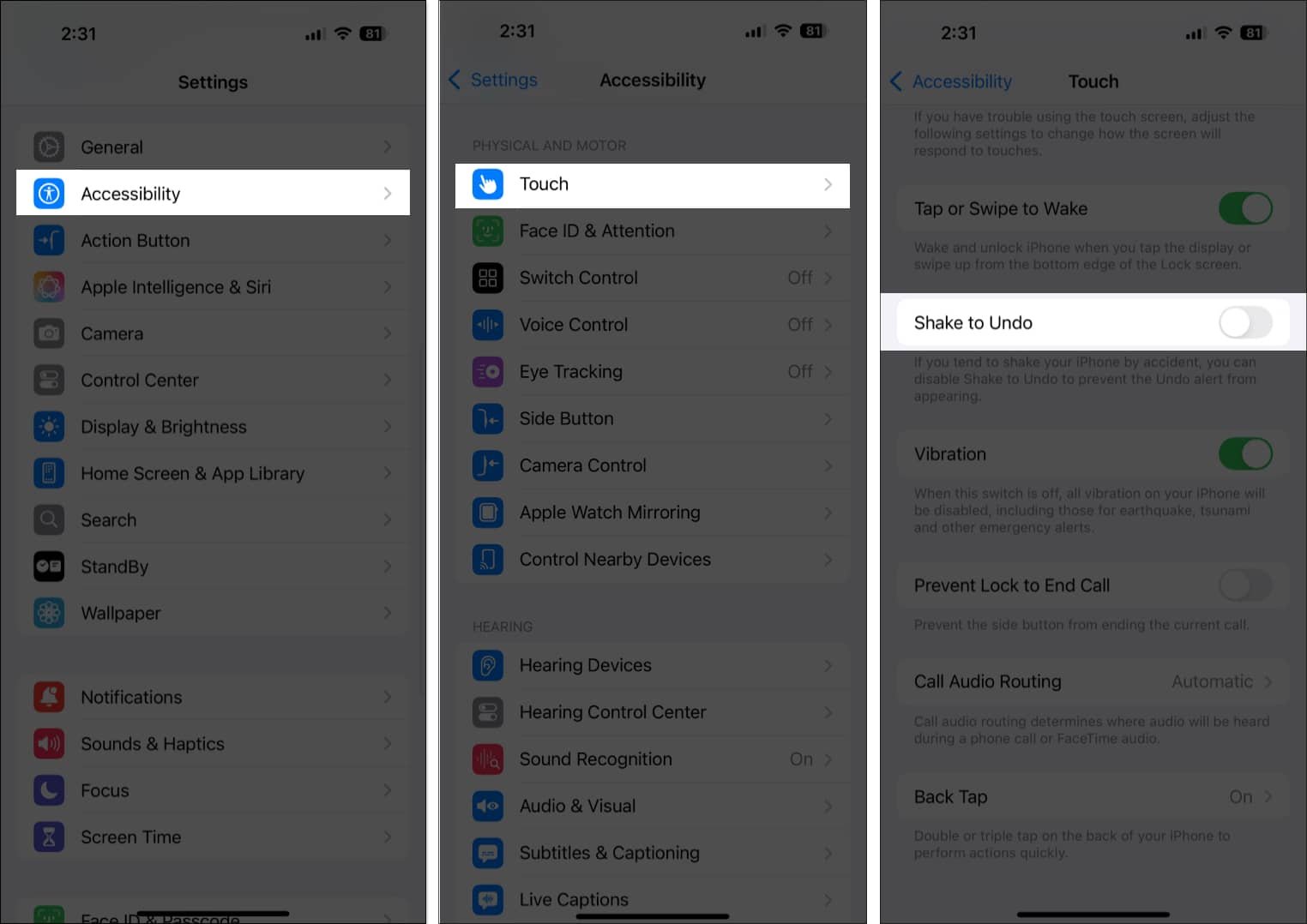 Desactivar Agitar para deshacer en la configuración de Accesibilidad en un iPhone