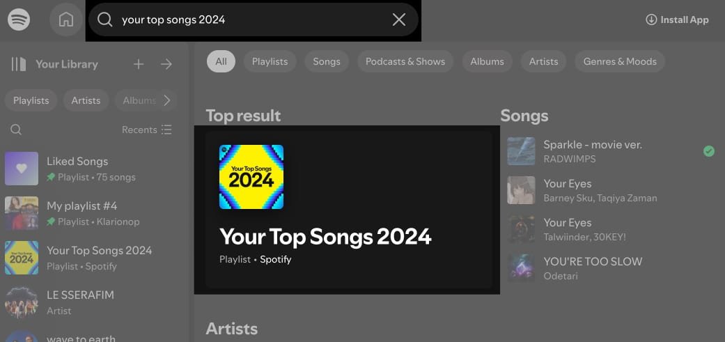 Tu lista de reproducción Top Songs 2024 en la aplicación Spotify en una Mac