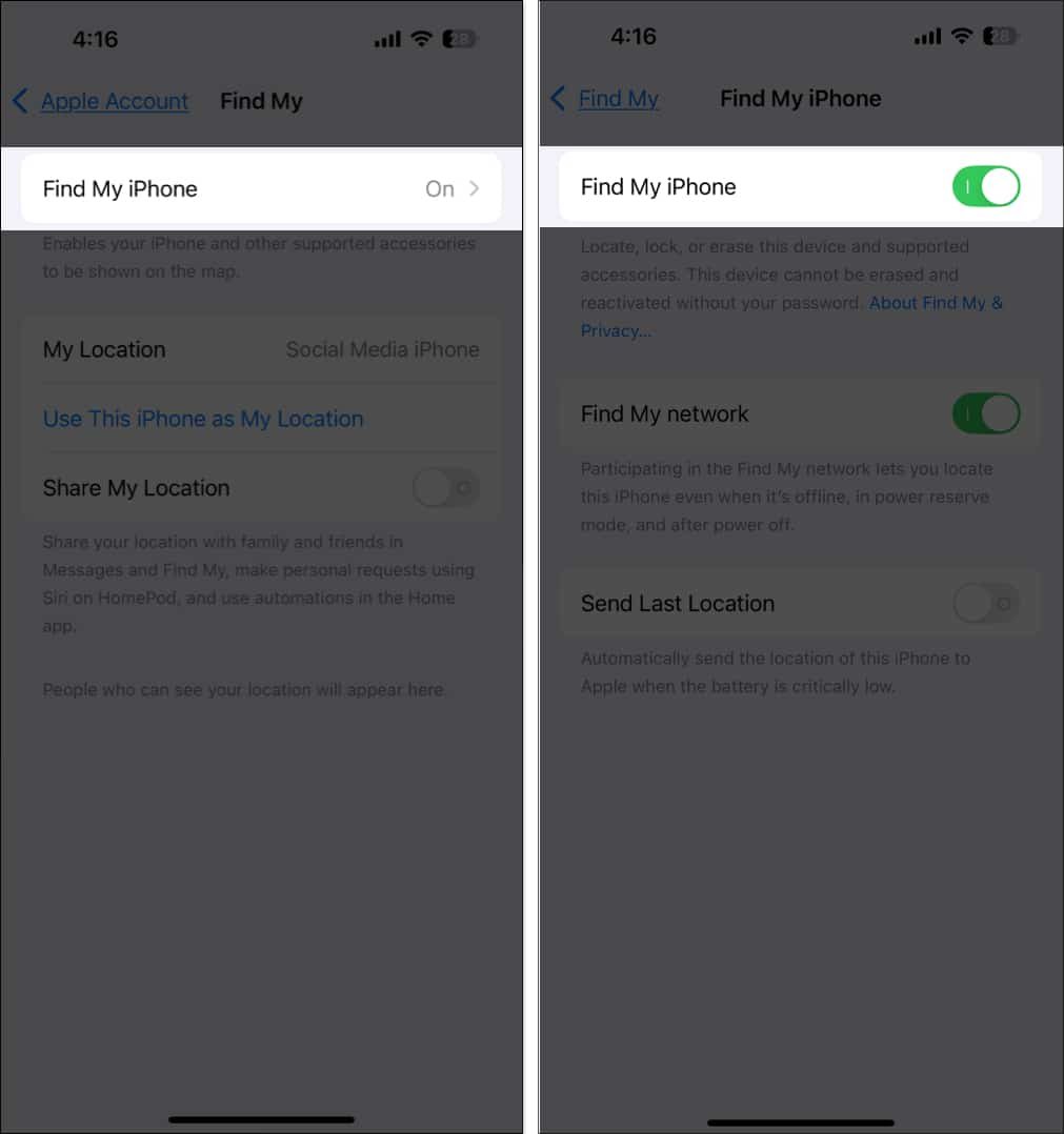 Encontrar la opción Buscar mi en la configuración del iPhone