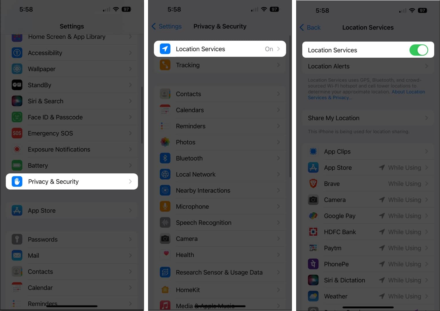 Habilitar los servicios de ubicación en un iPhone