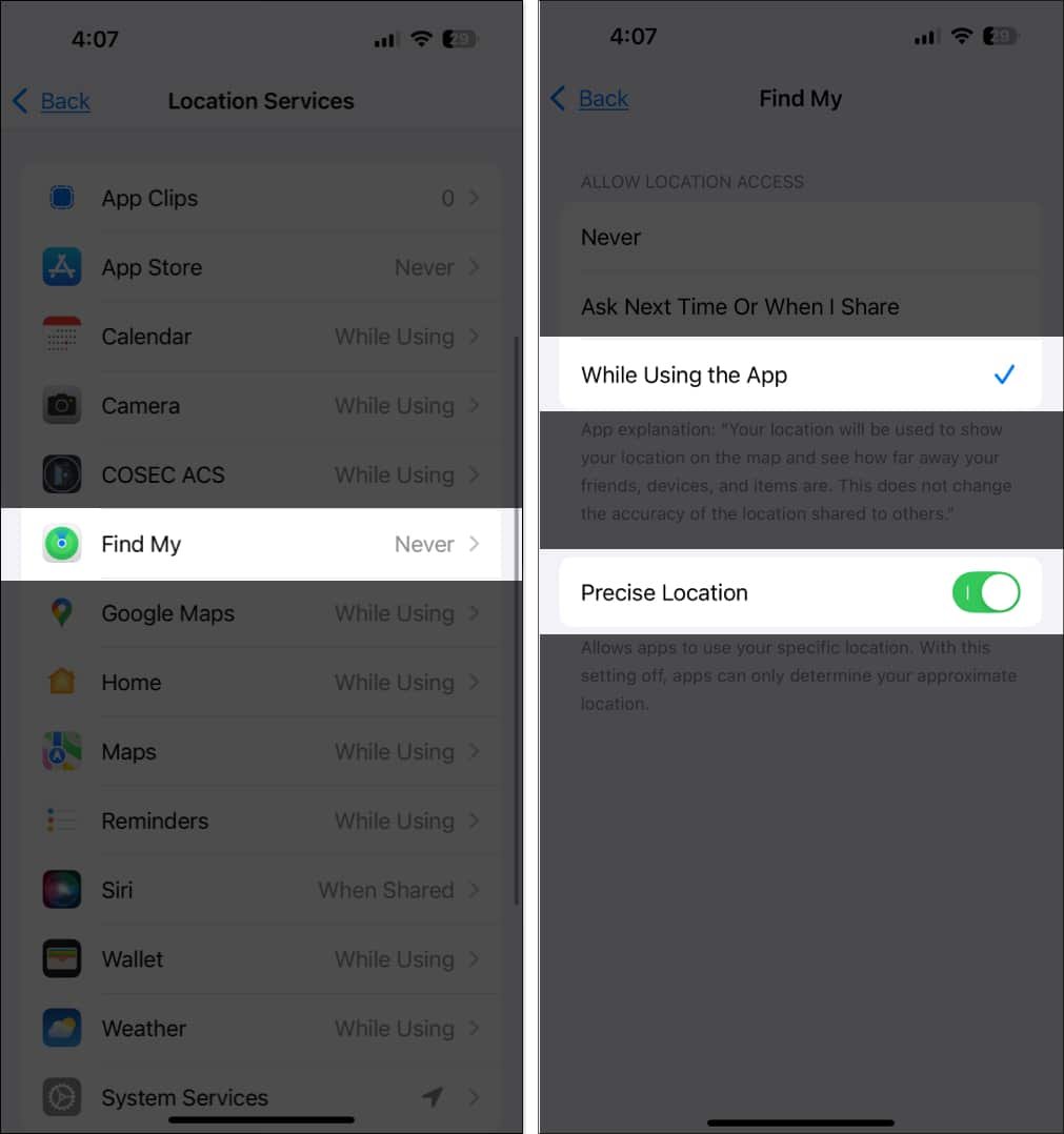 Habilitar la opción de ubicación precisa para Buscarme en la aplicación de configuración de iOS