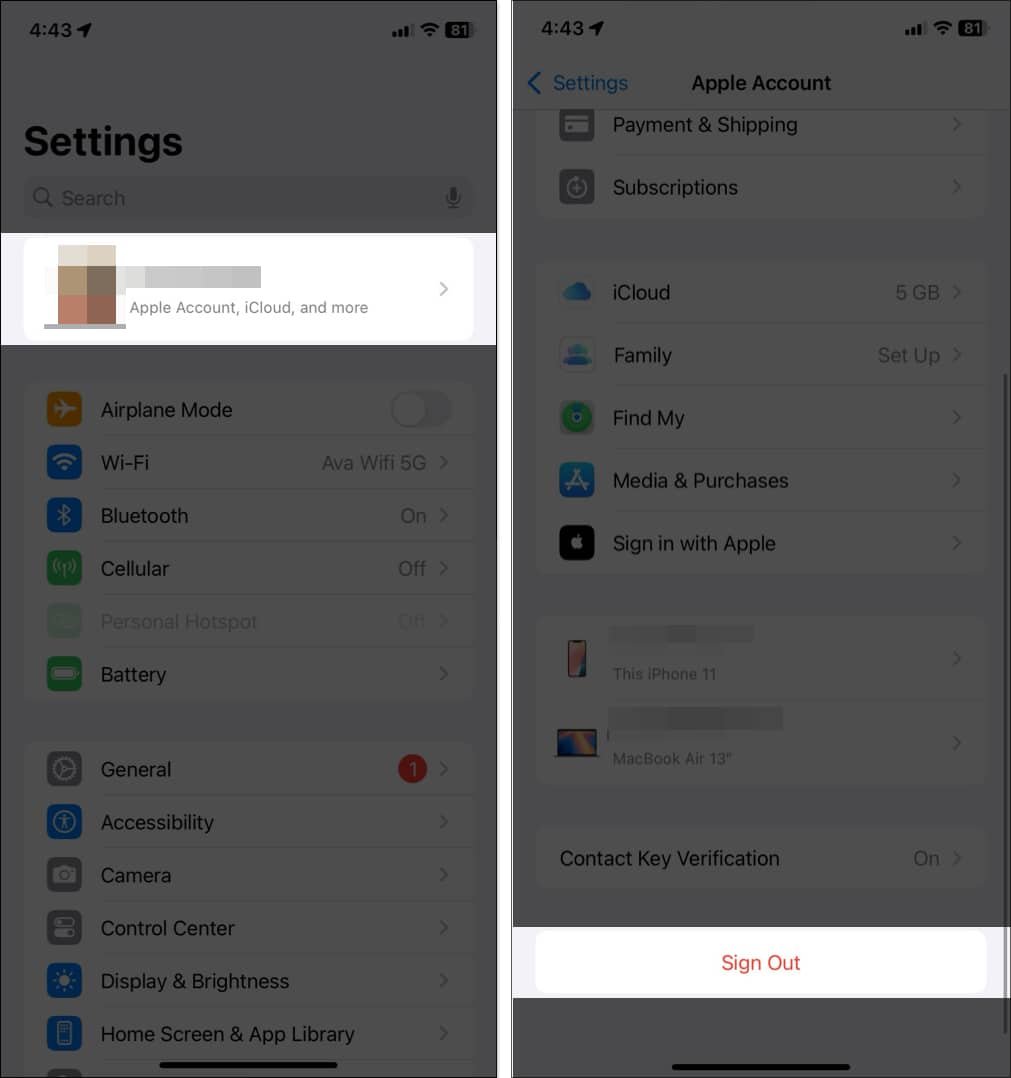 Acceder a la opción Cerrar sesión para ID de Apple en un iPhone