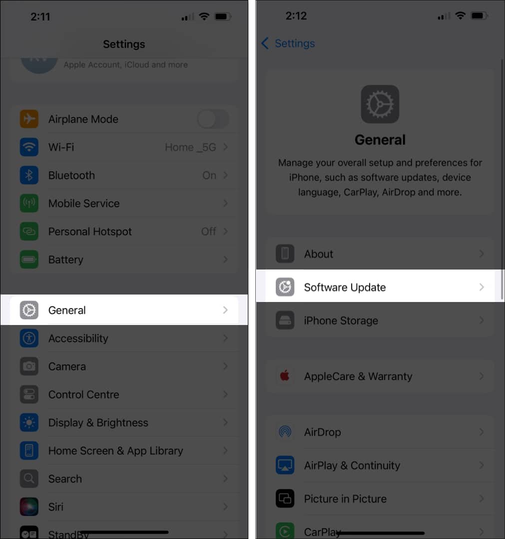 Acceder a las actualizaciones de iOS en la aplicación de configuración de iPhone