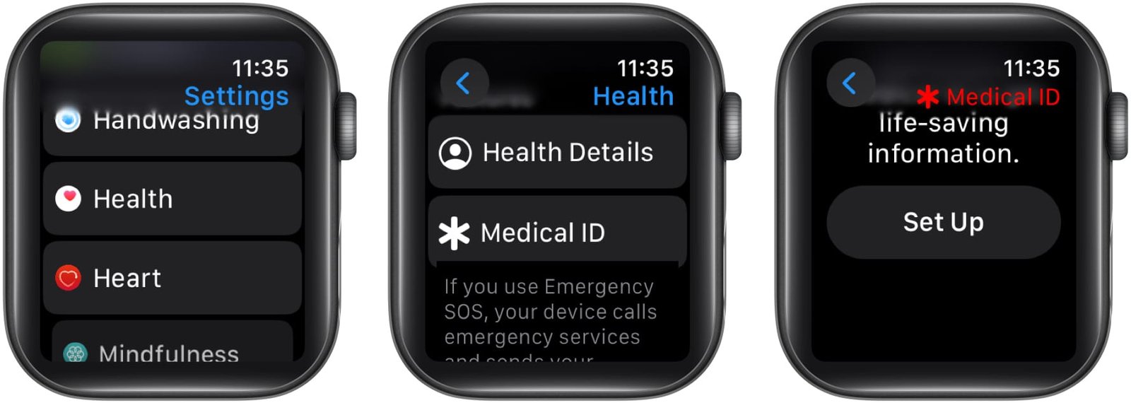 Seleccione Heath en la aplicación de configuración en Apple Watch y toque Identificación médica