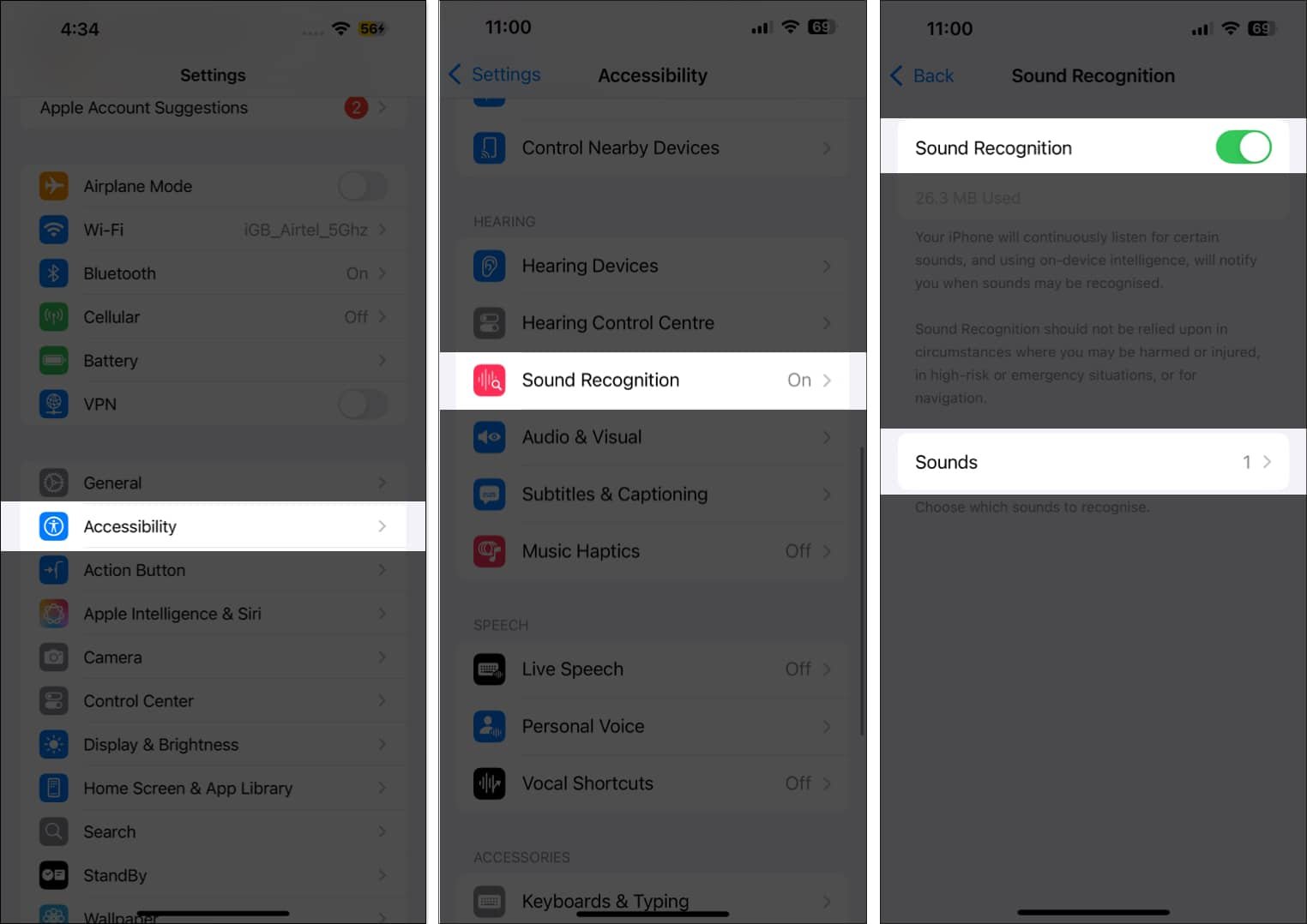 Activar la función de reconocimiento de sonido desde la configuración de accesibilidad en un iPhone