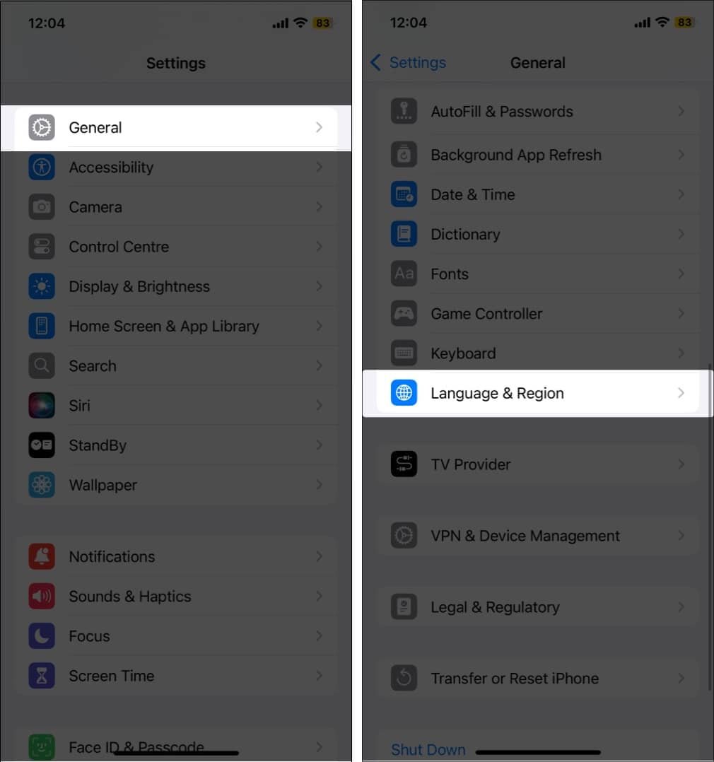 Acceder a la configuración de la región del idioma en un iPhone