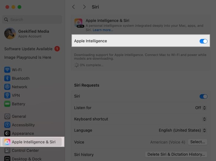 Activar Apple Intelligence desde la configuración del sistema en una Mac