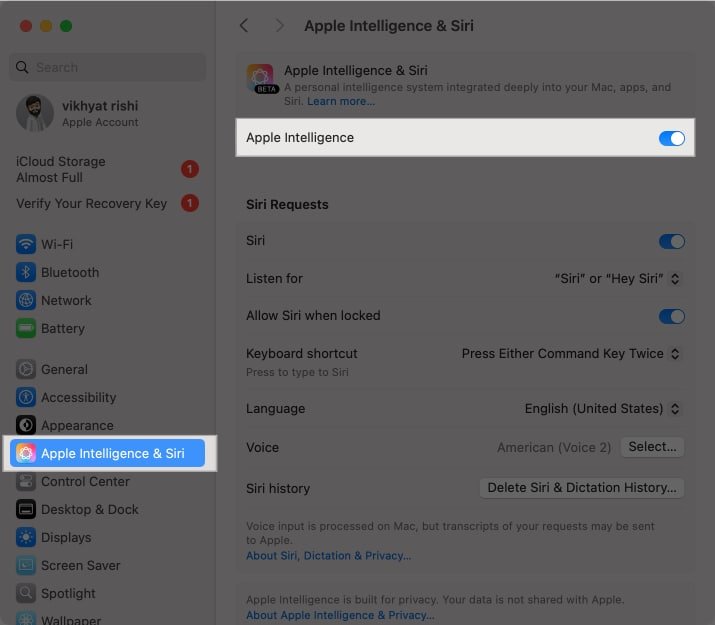 Desactivar Apple Intelligence en la aplicación Configuración del sistema macOS