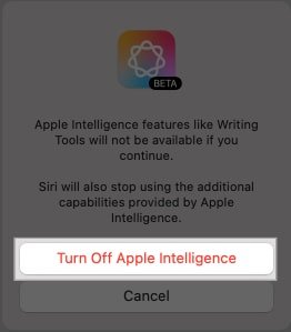 Confirmando la desactivación de Apple Intelligence en una Mac