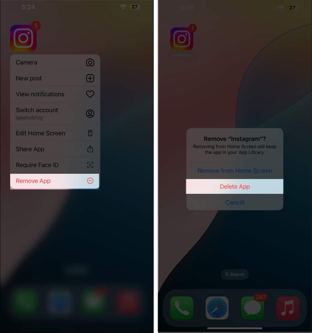 Eliminar la aplicación de Instagram de un iPhone