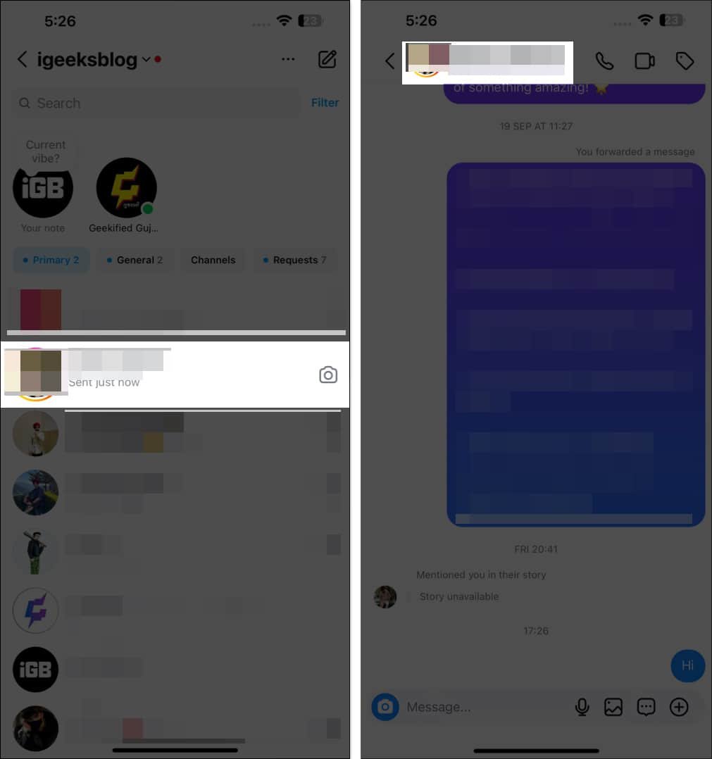 Abra el chat de Instagram y toque el nombre de usuario en la parte superior del chat.