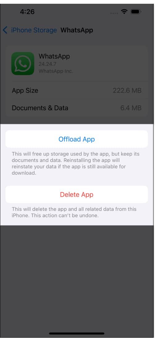 Descargar aplicación y botón Eliminar aplicación en una aplicación en Almacenamiento de iPhone en Configuración