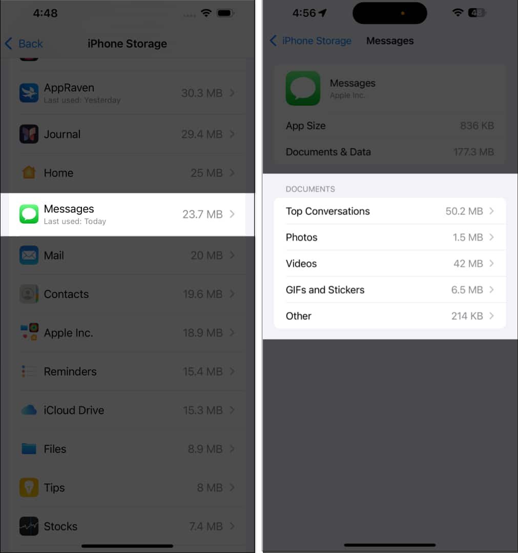 Acceder a los documentos de la aplicación Mensajes en la aplicación Configuración de iPhone