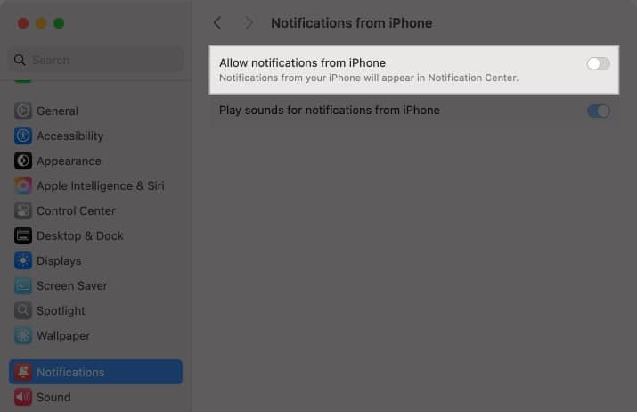 Desactivar la opción Permitir notificaciones desde iPhone en la aplicación Configuración del sistema en una Mac