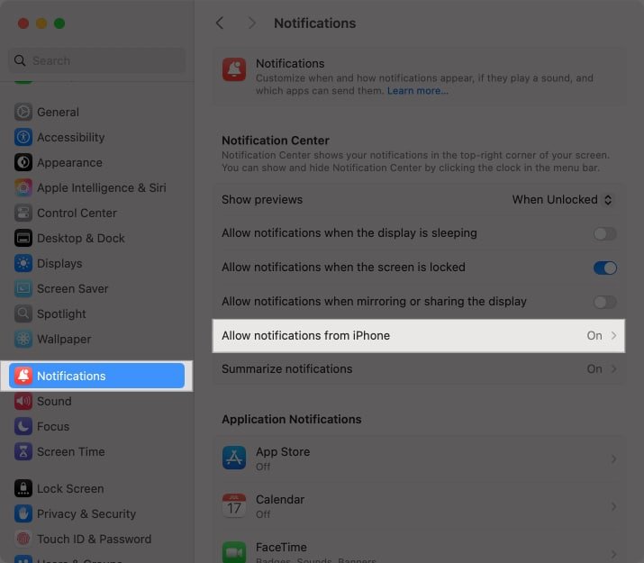 Deshabilitar la opción Permitir notificaciones desde iPhone en la configuración del sistema macOS