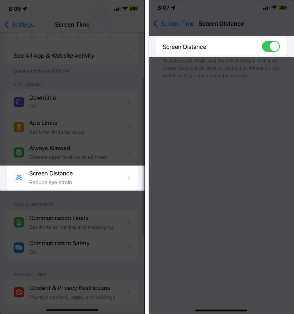 Turning on Screen Distance from settings app on iPhone