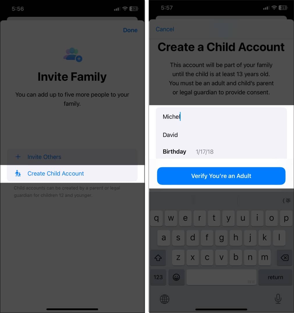 Creating child account from iPhone settings app