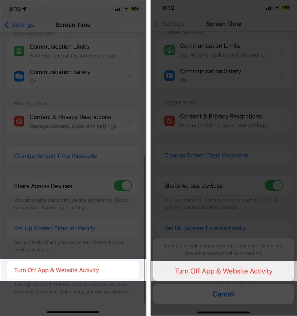 Tap on Turn off App Website Activity to disable Screen Time on iPhone