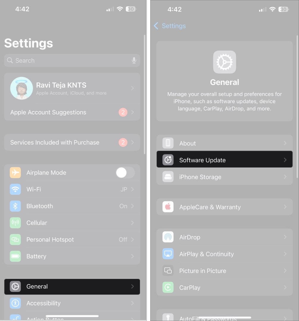 Acceder a la configuración y toque General y luego actualización de software en iPhone