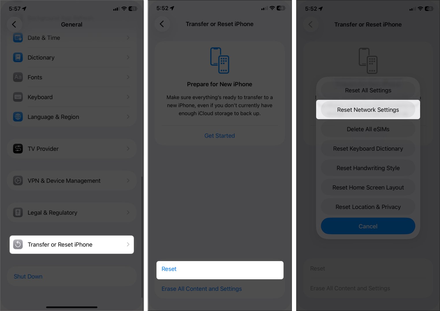 Buscar configuraciones de red de reinicio en iPhone