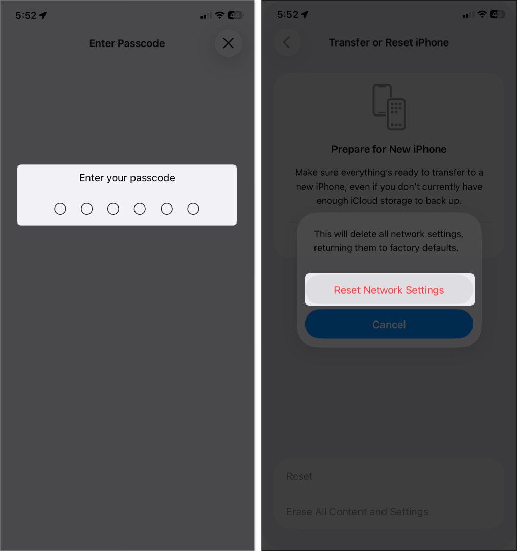 Ingrese el código de contraseña y toque la configuración de la red de reinicio en iPhone