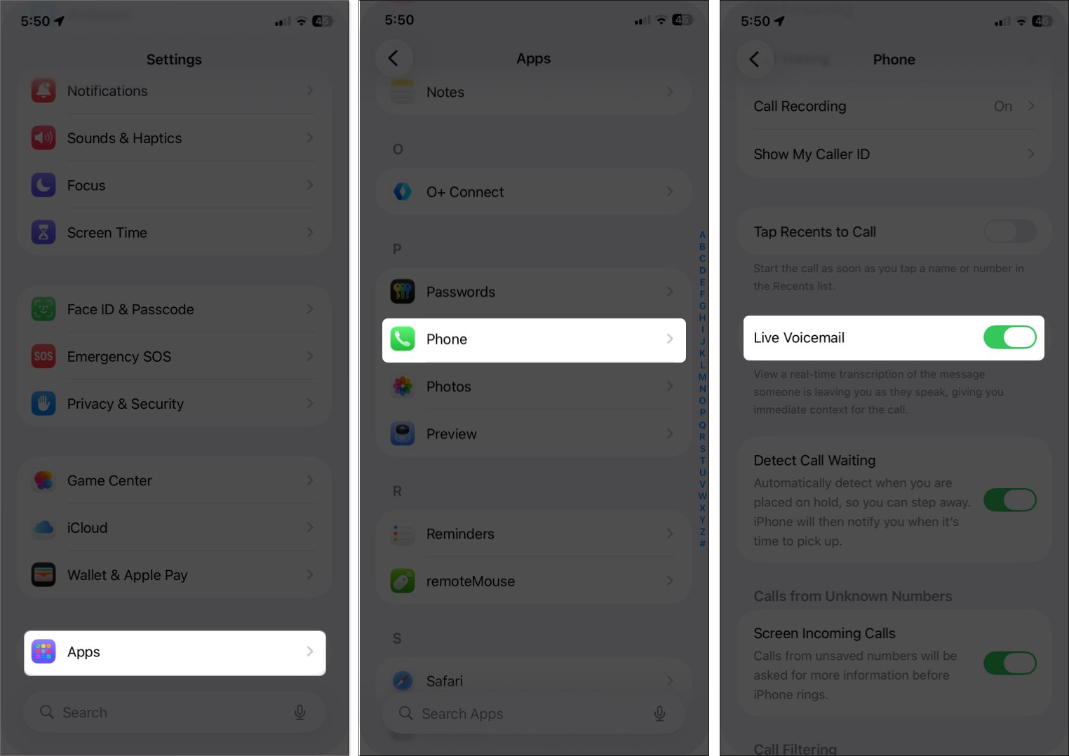 Habilitar el correo de voz en vivo en la configuración de iPhone